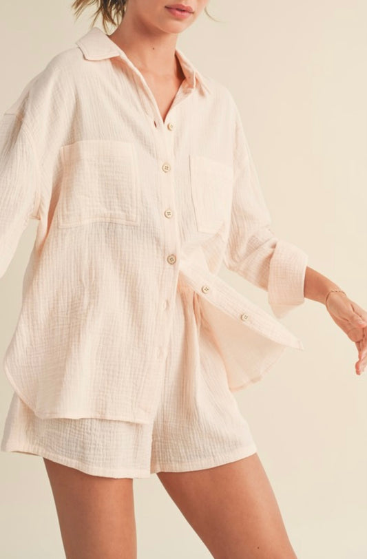 Double Gauze Button Down Top With Roll Up Sleeves in Peach Fuzz