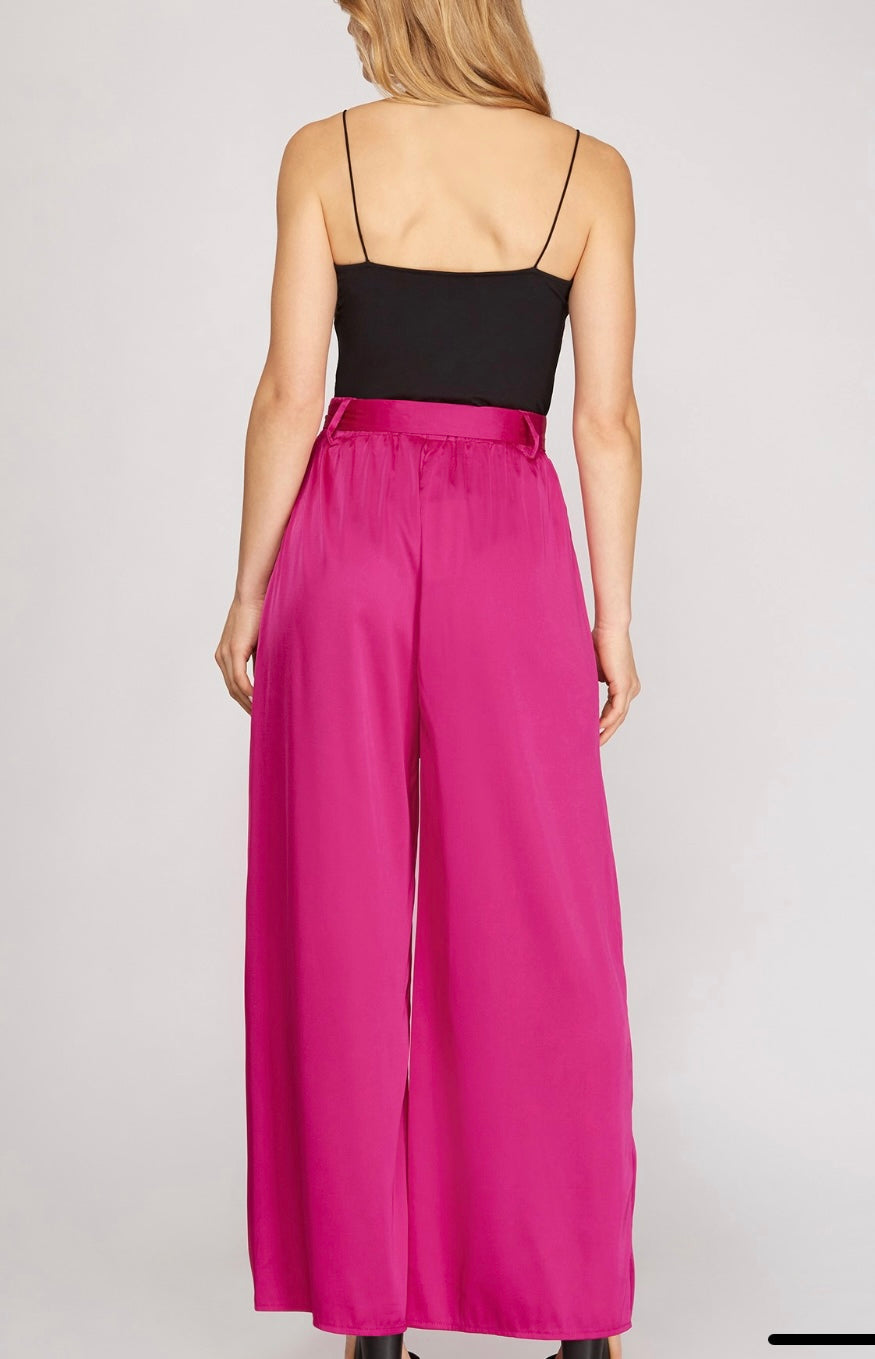 Satin Long Pants With Sash in Hot Pink
