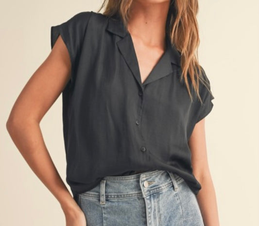 Button Down Cap Sleeve Top in Black