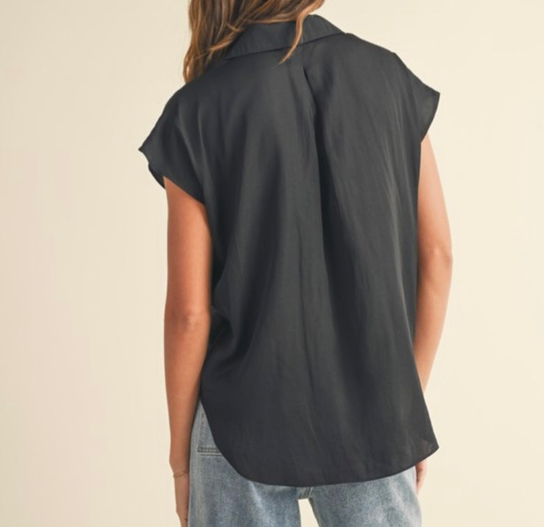 Button Down Cap Sleeve Top in Black