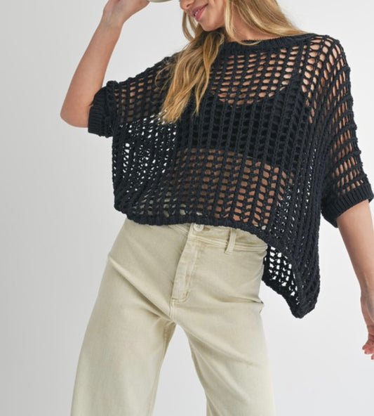 Light Weight Netted Knit Top in Black