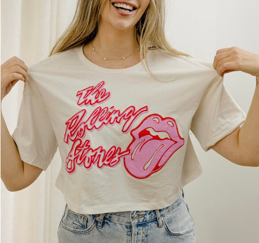 Rolling Stones Cropped Pink Puff Paint Tee