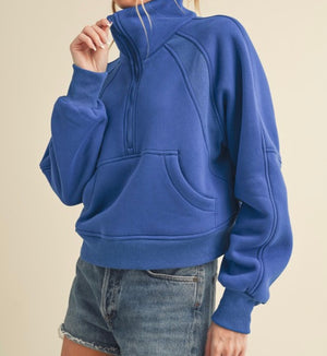 Lulu Scuba Dupe Half Zip Hooded Pullover in Bright Blue