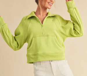 Lulu Scuba Dupe Half Zip Hooded Pullover in Lime